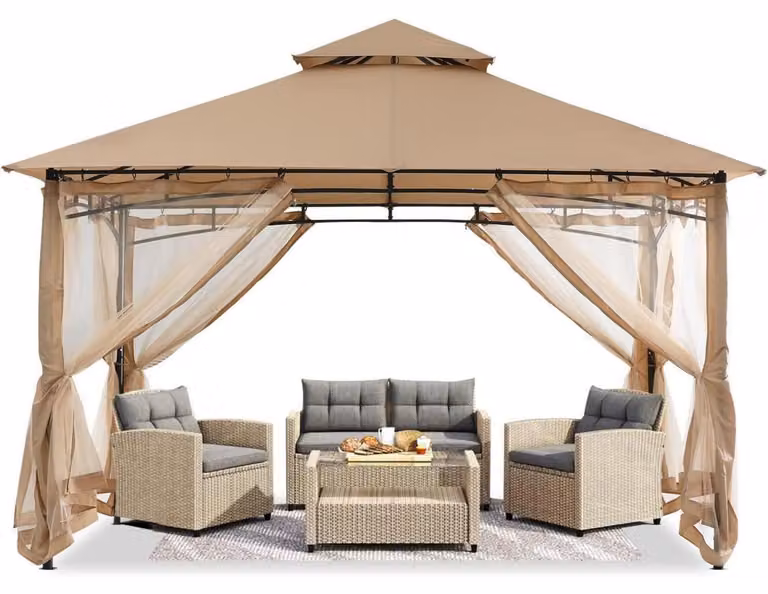 Gazebo da giardino, 2,4 m x 2,4 m, tetto a due falde con zanzariera, color beige