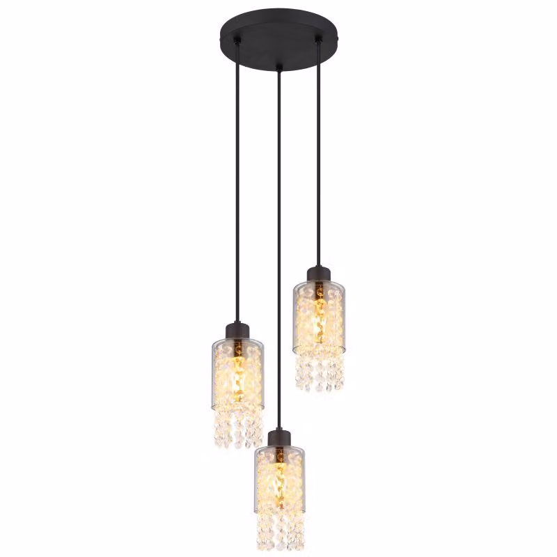 Globo Lighting lampada a sospensione metallo nero opaco, vetro color fumo, cristalli di vetro trasparenti, cavo PVC nero, ø: 250mm, H: 1200mm, escl. 3x E27 40W 230V