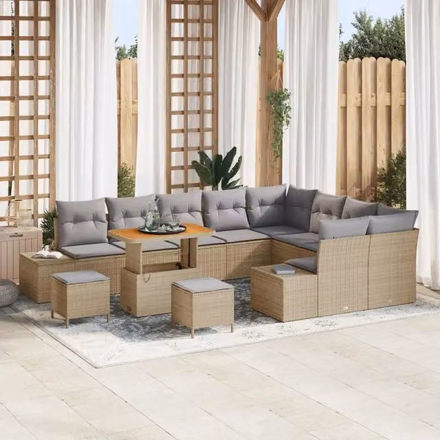 Set Divano da Giardino vidaXL a forma a U con 11 posti, colore Beige, con cuscini e tavolino da esterno incluso
