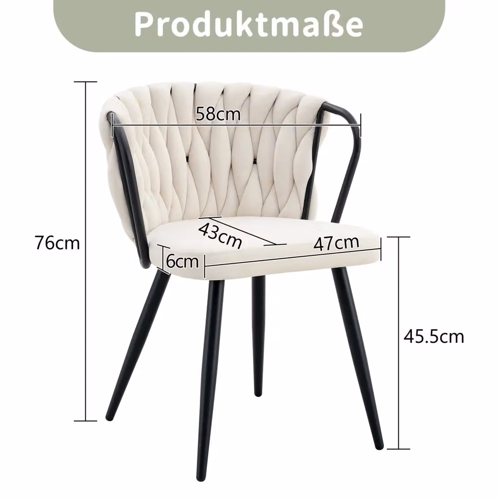 Sedia da pranzo moderna OKWISH in velluto beige con schienale intrecciato e struttura in metallo nero opaco – 2