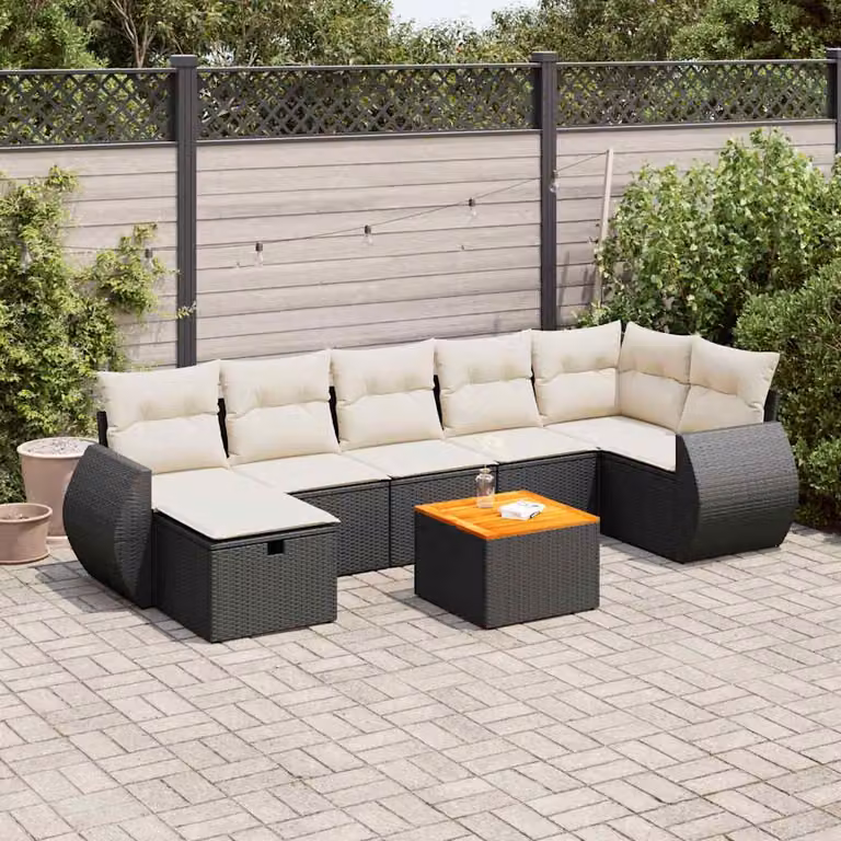Set Divano da Giardino a L vidaXL in Polyrattan Nero con 8 Cuscini e Tavolino da Esterno