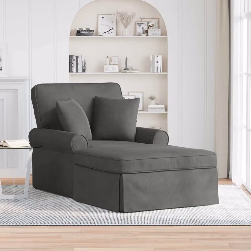 Chaise Longe Moderna con Gonna in Tessuto di Velluto a Costine Grigio, Set da 3 Pezzi con Cuscini e Coperture Rimovibili CFW6618489 – 2