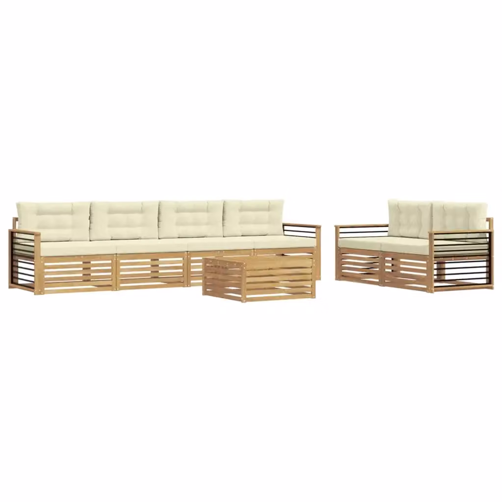 Set di divani da esterno vidaXL a forma di U composto da 7 pezzi con tavolino, in legno di acacia e tessuto bianco e beige – 2