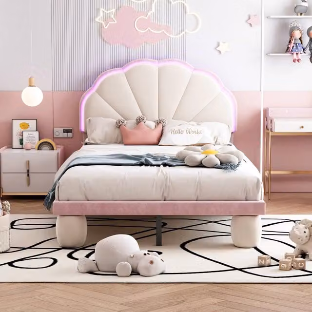 Letto imbottito KOMHTOM in velluto beige e rosa per cameretta dei bambini L/P/H: 205.5 x 90 x 93.5 cm