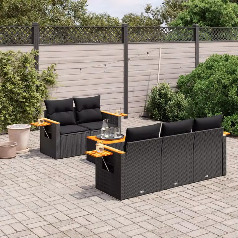 Set Divano da Giardino vidaXL 6 pz in Polyrattan Nero con Cuscini e Tavolino da Caffè