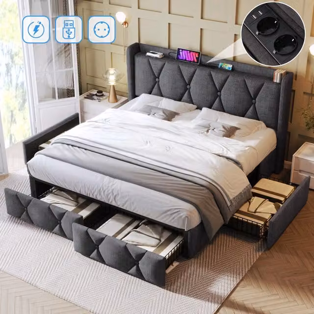 Letto matrimoniale Mivray con 4 cassetti e testiera con prese USB, rivestito in tessuto di lino grigio, L/P/H: 140 x 200 x 116 cm