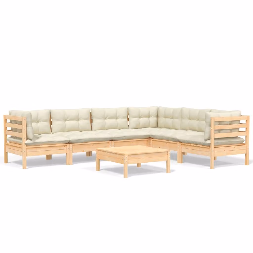 Set Divani da Giardino 7 pz con Cuscini Crema in Massello di Pino