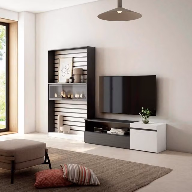 Mobile TV per soggiorno Skraut Home con camino elettrico, Bianco e nero, L: 260 cm, P: 35 cm, H: 186 cm – 1
