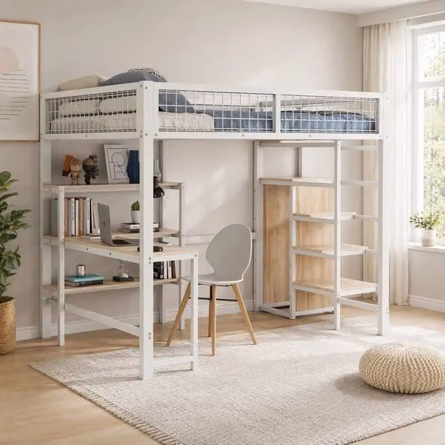 Letto a soppalco 140x200 cm con scrivania, armadio e scaffali, bianco