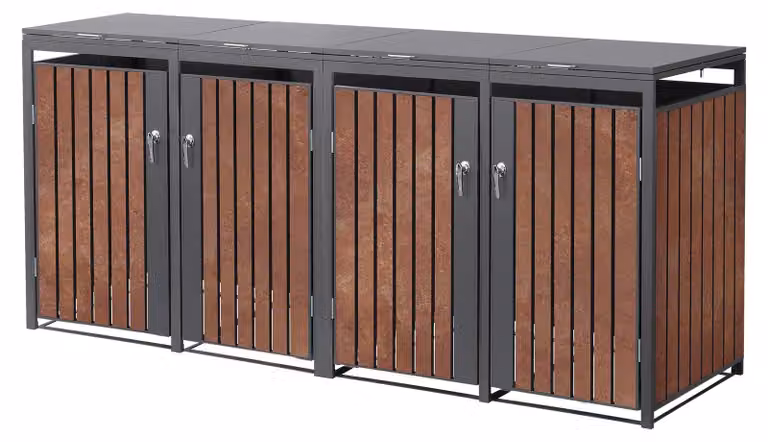 Contenitore per bidoni della spazzatura ML-Design, modello per 4 bidoni, capacità 240 litri ciascuno, dimensioni 264x80x120 cm, finitura effetto ruggine antracite, acciaio, resistente agli agenti atmosferici, rivestimento per bidoni della spazzatura con c