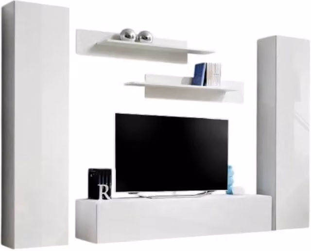 Composizione murale FLY A1 – Mobile TV sospeso e colonne – Bianco lucido – Design moderno