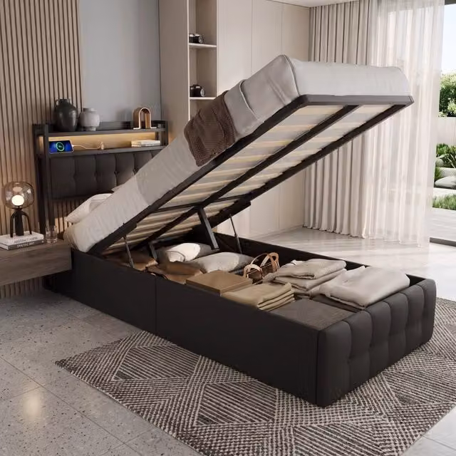 Letto singolo 90x200 cm con contenitore LED USB testiera struttura letto MDF e PU - nero
