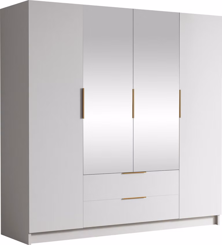 MIRJAN24 Armadio Sofia II 200, camera da letto, con specchio, armadio a battente, con asta appendiabiti, moderno, armadio, maniglie in metallo (colore: bianco + oro)