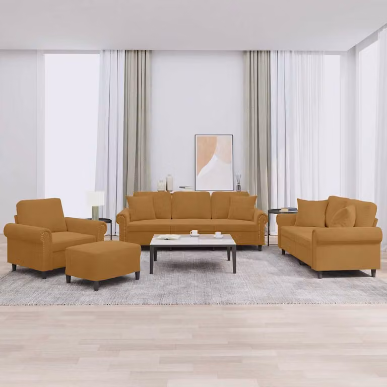 vidaXL Set di Divani Moderno in Velluto Marrone con Cuscini e Pouf per Soggiorno