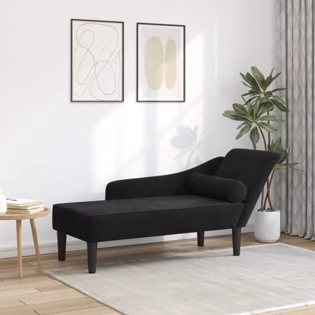 Chaise Lounge vidaXL in Velluto Nero con Cuscini e Struttura in Legno Massello L/P/H: 141 x 55,5 x 66,5 cm – 1