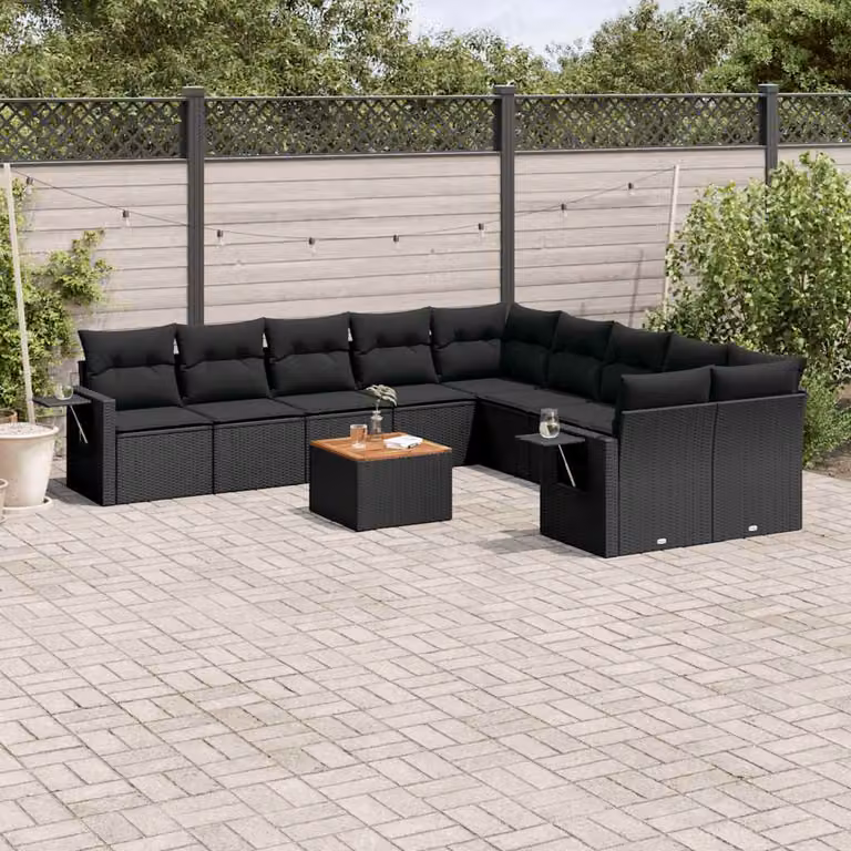 vidaXL Set Divani da Giardino 11 pz in Polyrattan Nero con Cuscini e Tavolino da Esterno a Forma di U