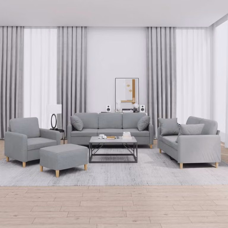 Set di Divani vidaXL 4 Pezzi Moderno in Tessuto Grigio con Cuscini e Pouf