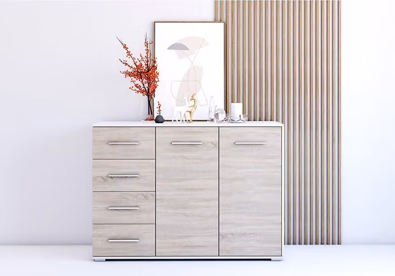 Cassettiera Credenza Comò Camera da letto Credenza 135 cm (Bianco/Sonoma) con 2 ante e 4 cassetti FRIDA 01