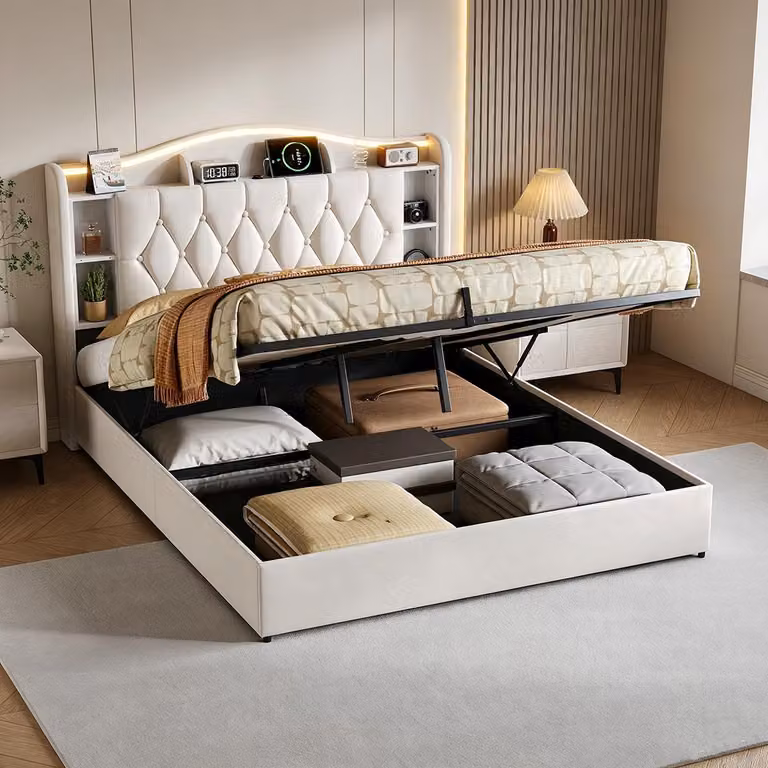 Letto matrimoniale con boxspring, imbottito, 140x200 cm, con illuminazione LED e porte USB/C, con sistema di sollevamento idraulico e spazio contenitivo, struttura letto matrimoniale con rete a doghe, color beige, rivestito in velluto