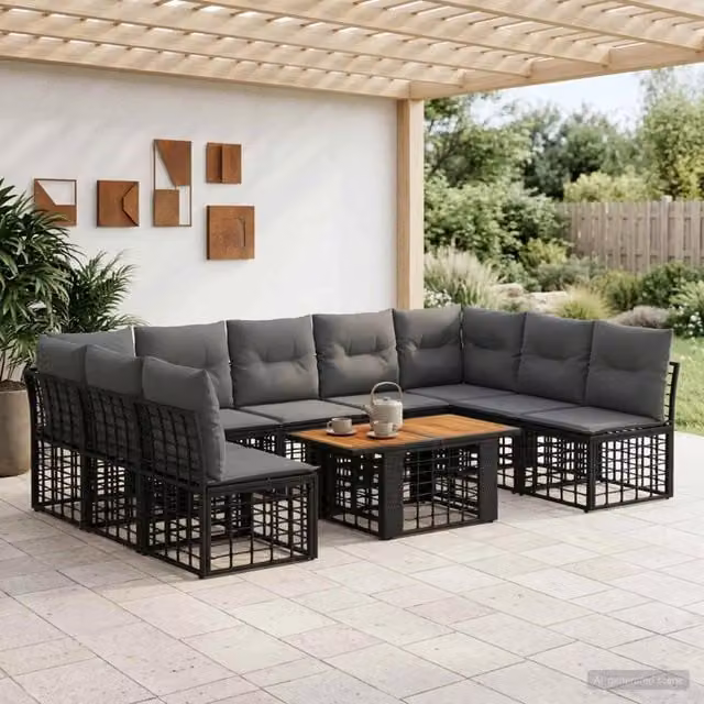 Set Divano da Giardino 10 pz Nero e Grigio scuro polyrattan 3437897