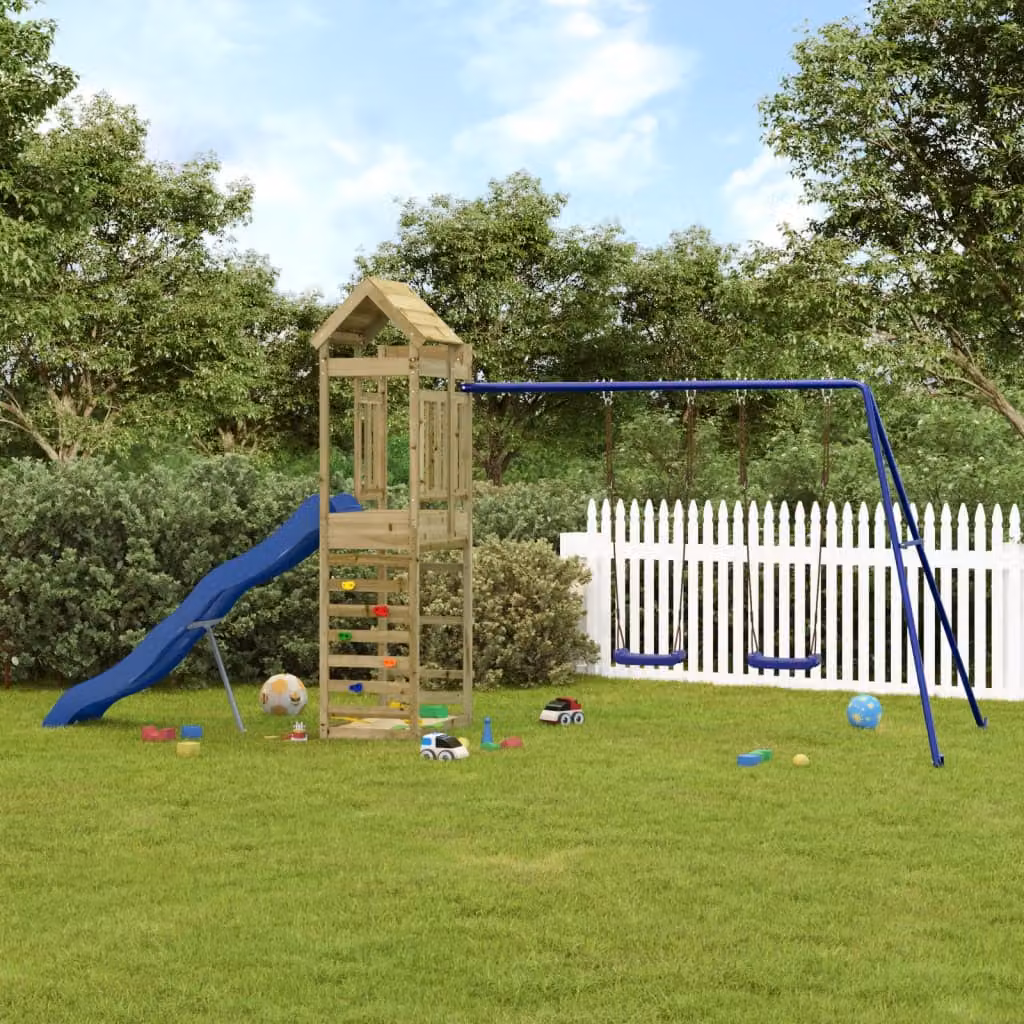 vidaXL Set da Gioco da Esterno con Torre, Scivolo, Altalena e Sabbiera in Legno, Blu e Marrone, L/P/H: 478 x 239 x 185 cm