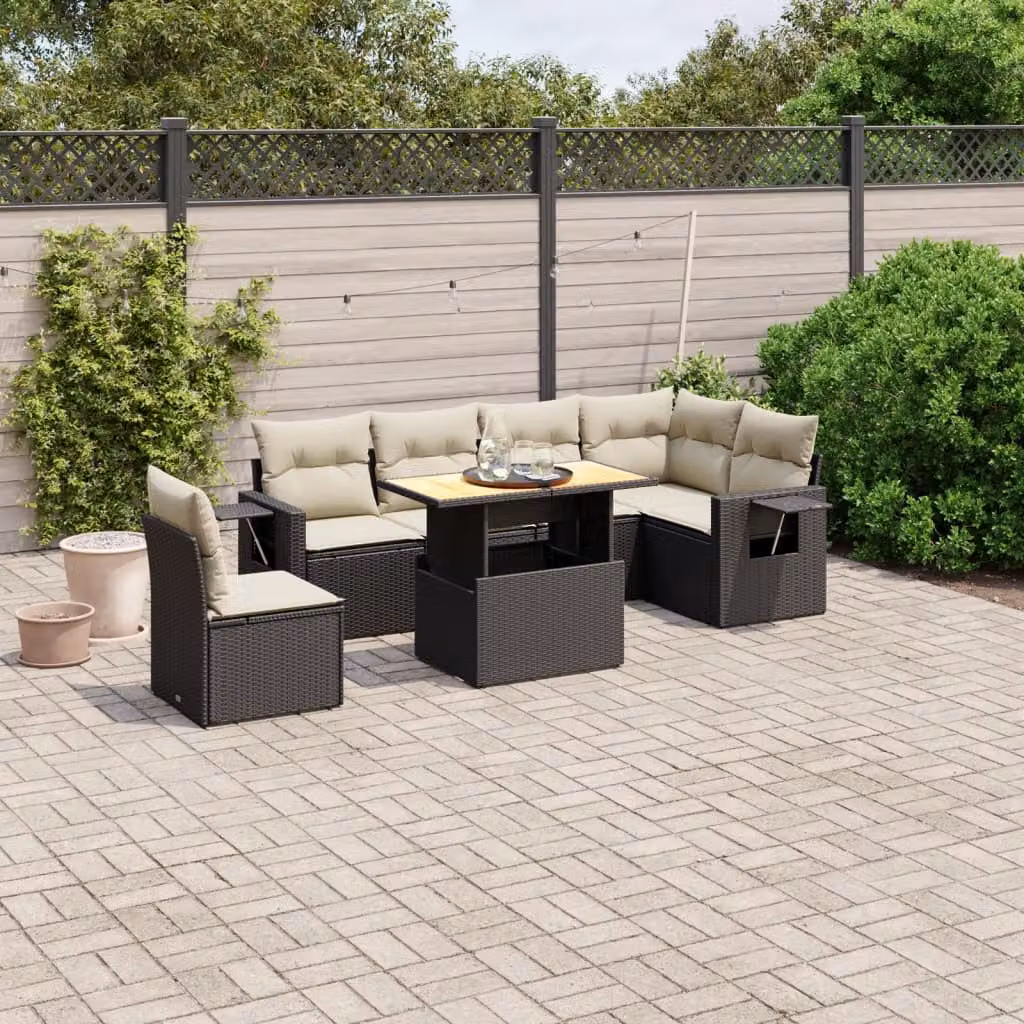 vidaXL Set Divani da Giardino a L con Cuscini 7pz in Polyrattan Nero e Acacia – 1