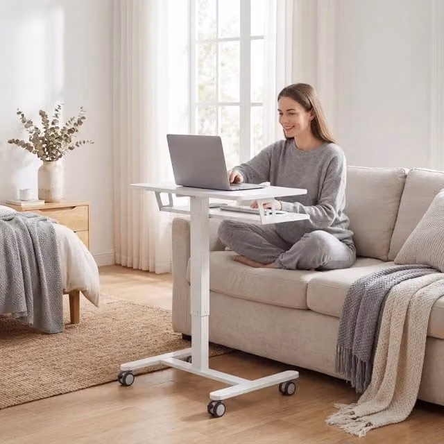Scrivania da ufficio OKWISH regolabile in altezza con ruote e struttura in metallo, bianca, L: 65 cm, P: 60 cm