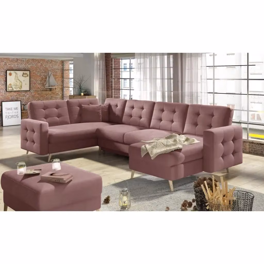 Divano angolare panoramico convertibile HASGARD MEUBLORAMA in velluto rosa con funzione letto, L: 326 cm, P: 202 cm – 2