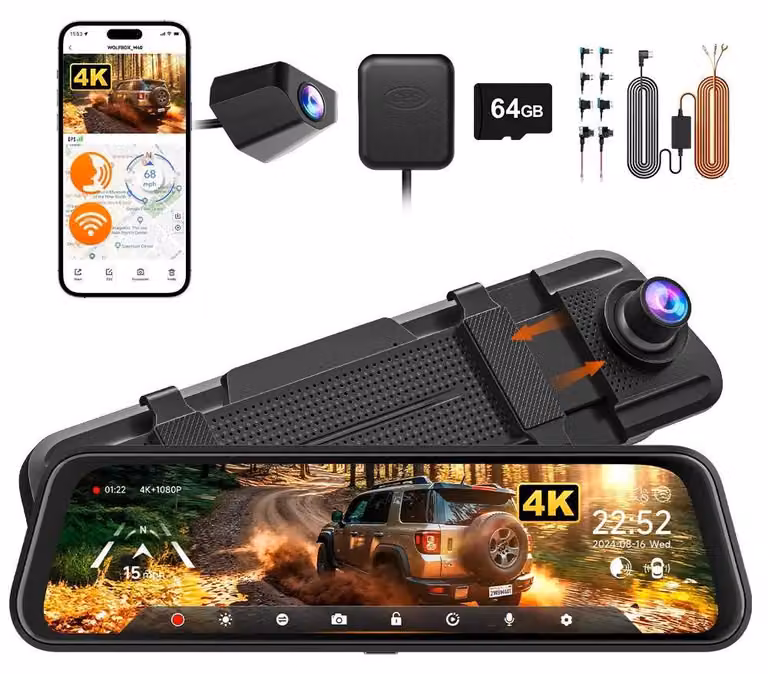 Dash cam, risoluzione 4K + 1080p, doppia fotocamera, CON KIT DI INSTALLAZIONE FISSA, scheda TF da 64 GB in omaggio