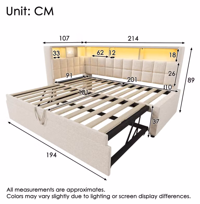 Letto imbottito 90x200 m. Letto estraibile 90x190, con LED, Bluetooth, USB-C, testiera a forma di L con spazio contenitore, divano letto, senza materasso.