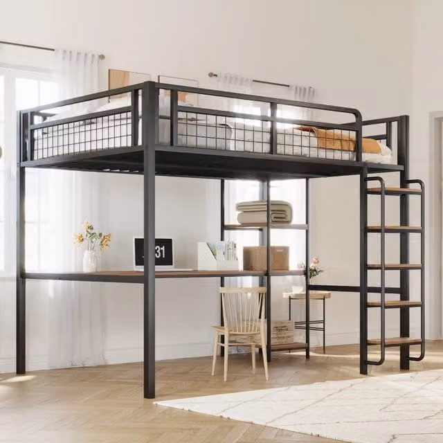 Letto a soppalco OKWISH in metallo nero con scrivania, ripiani e scala di sicurezza, L/P/H: 200 x 140 x 182,5 cm
