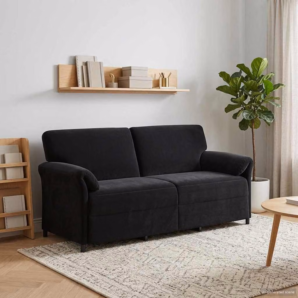 Divano 3-Persone vidaXL in Velluto Nero con Cuscini, Design Moderno e Lineare, L: 198 cm, P: 83 cm, H: 95 cm