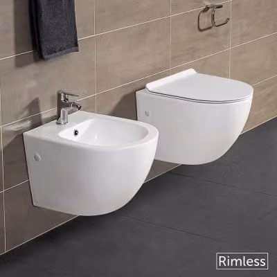 Set sanitari sospesi salvaspazio Rimless Serie Tokyo in ceramica bianca con copriwc rallentato L: 48,5 cm, P: 40,0 cm, H: 37,0 cm
