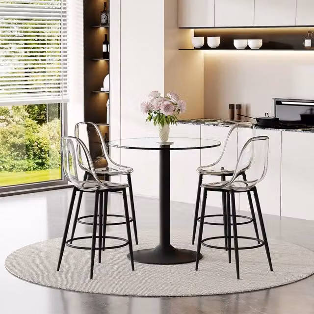 Tavolo da pranzo per 4 persone con 4 sgabelli, piano in vetro trasparente e base in metallo nero per cucina
