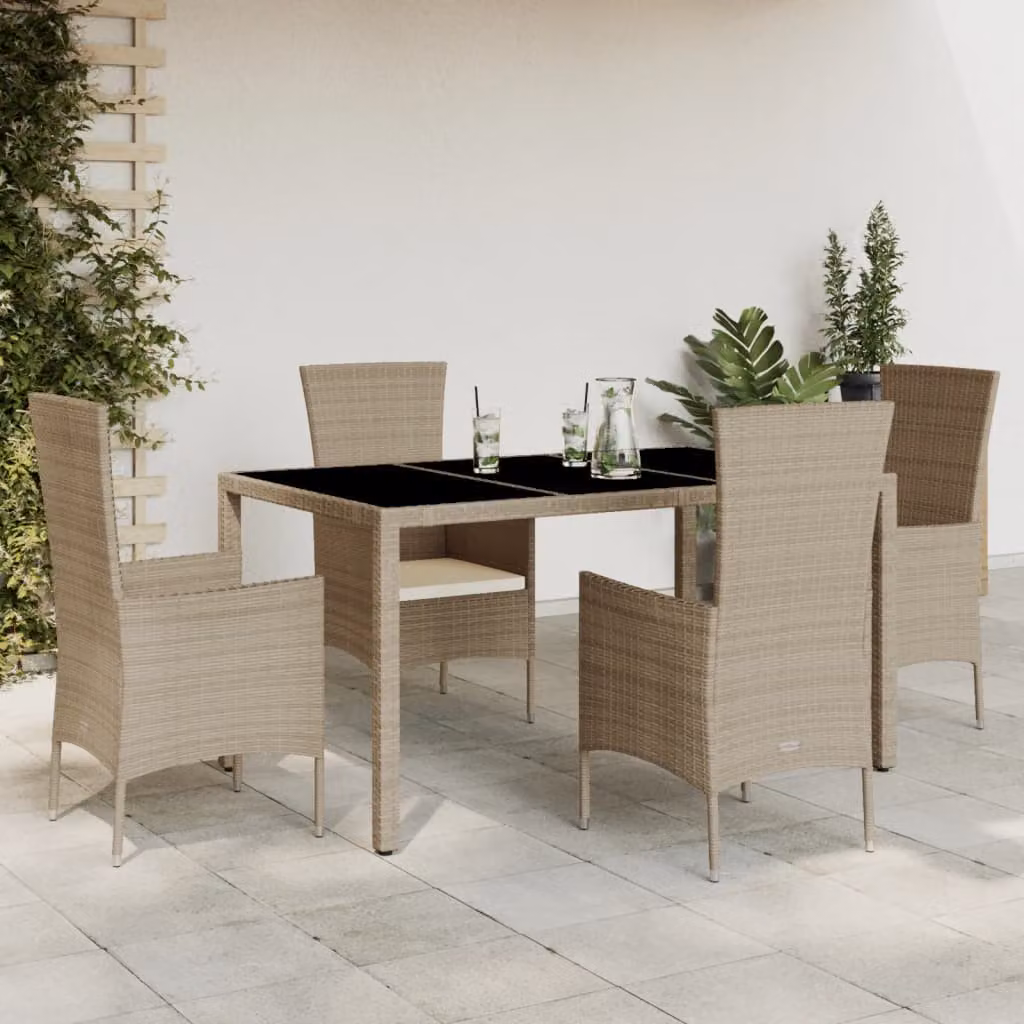 Set da pranzo da giardino vidaXL in polyrattan con cuscini beige e piano in vetro per 5 persone