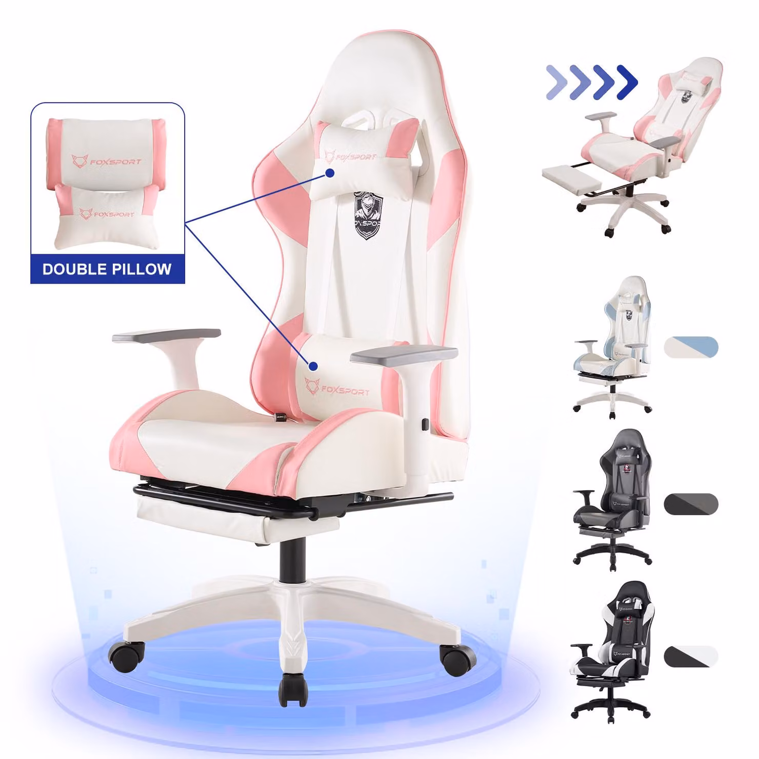 FOXSPORT sedia da gioco sedia da ufficio ergonomica con poggiapiedi retrattile+cuscino lombare+poggiatesta+braccioli flessibili sedia per computer fino a 150kg rosa