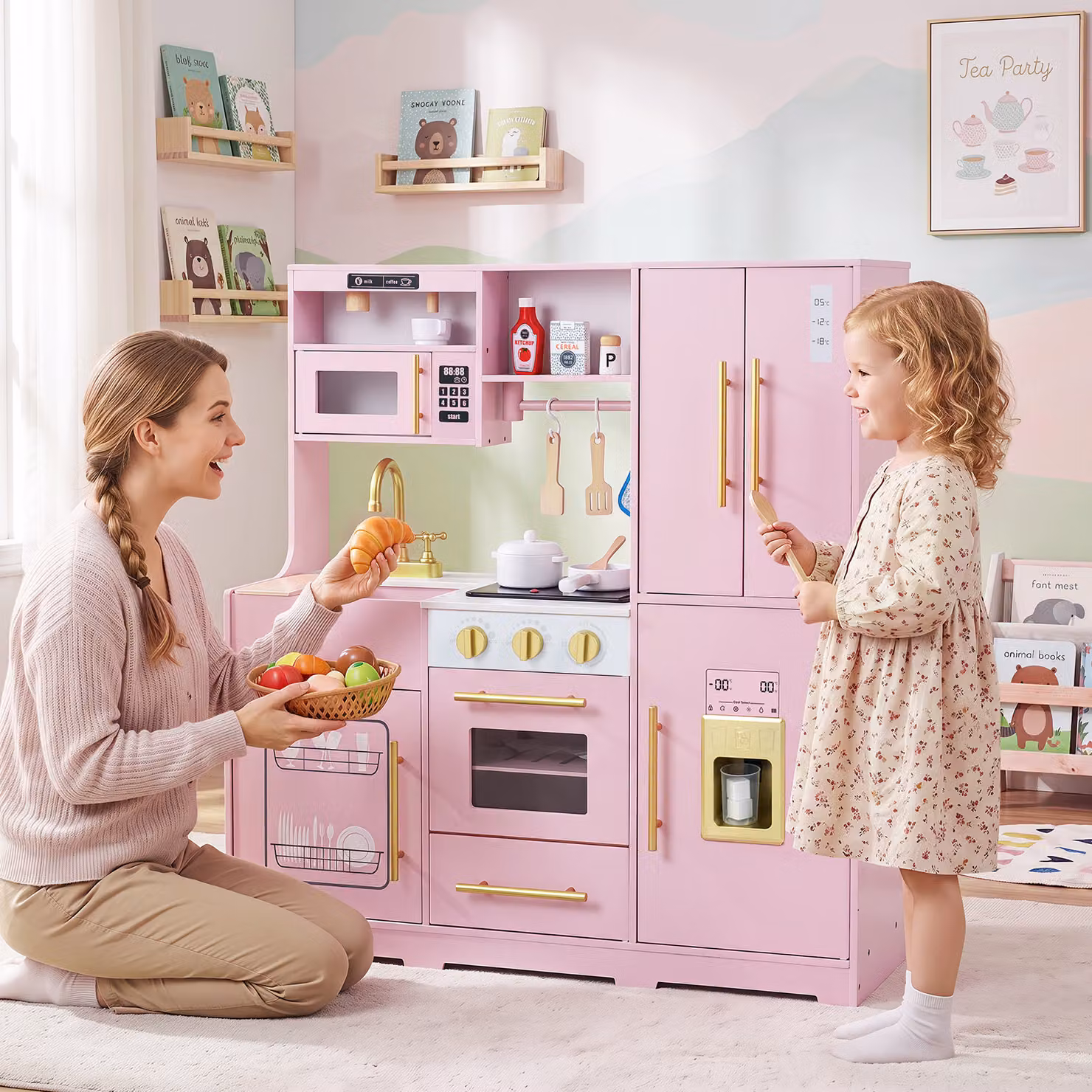 Costway Cucina giocattolo con luci e suoni per bambini 3+ anni gioco interattivo in legno, Cucinetta montessori con accessori Rosa