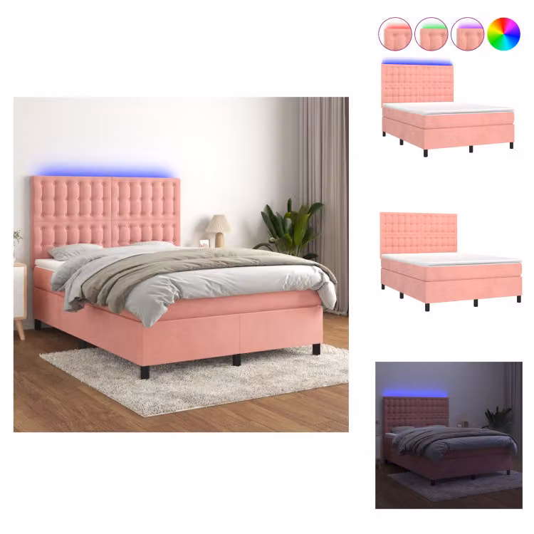 vidaXL Letto a molle con materasso e LED in velluto rosa 140x190 cm - Letti & strutture letto