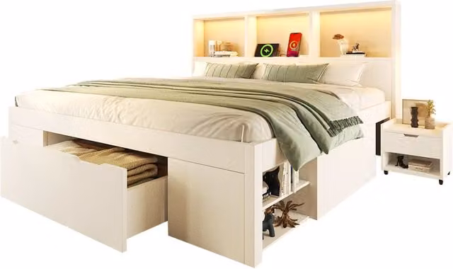 Letto matrimoniale 140x200 cm con LED; USB e 2 comodini mobili; bianco