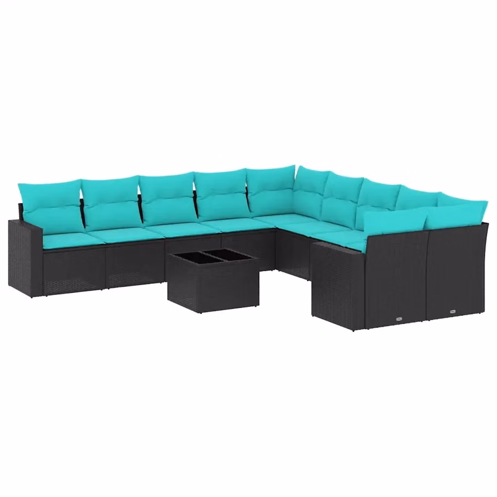 Set di divani da giardino vidaXL 11 pz a forma di L con cuscini blu e struttura in polyrattan nero e acciaio – 2