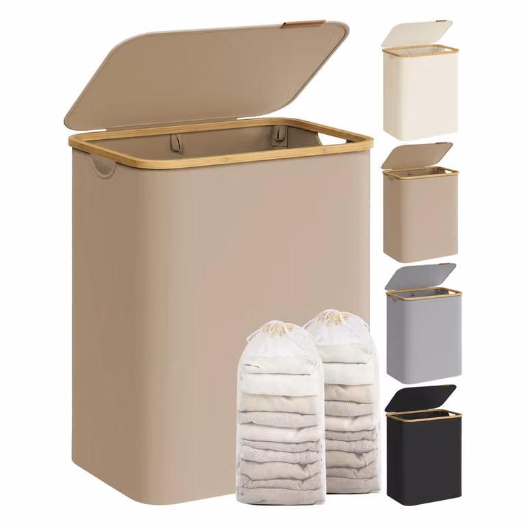 Cesto Portabiancheria con Coperchio, Marrone Cammello / 130 L (2 Scomparti)