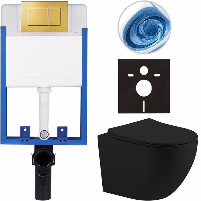 CERANO - Set completo per WC da incasso Lite/Cesso - nero opaco - pulsante WC Classic, dorato - da incasso - 49x36 cm