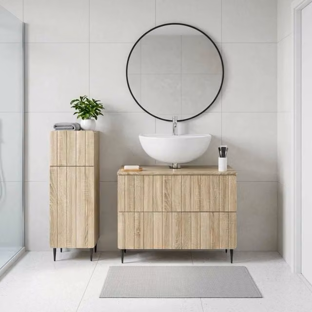 Set di mobili da bagno moderni vidaXL composto da mobile sottolavabo e mobile laterale in legno marrone, L/P/H: 82,0 x 34,8 x 59,0 cm e 41,0 x 34,8 x 82,0 cm