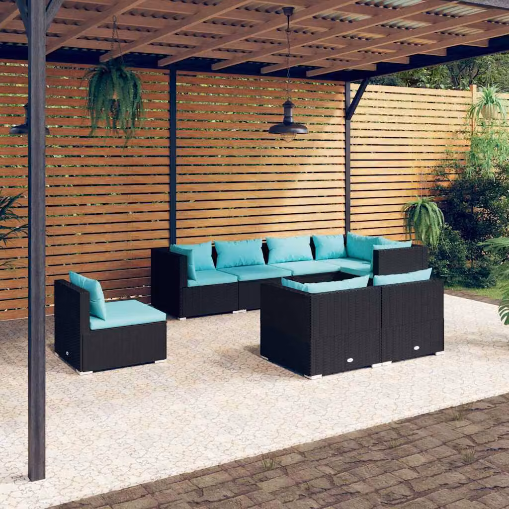 Set Divani da Giardino vidaXL 8 pz a forma a U con Cuscini Blu e Struttura in Acciaio Nero