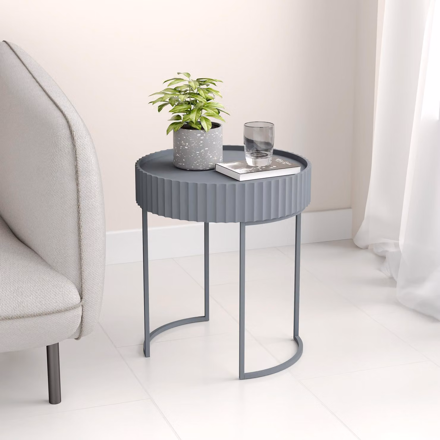 Tavolino 'Rill' struttura rotonda in metallo 46 x Ø40 cm grigio