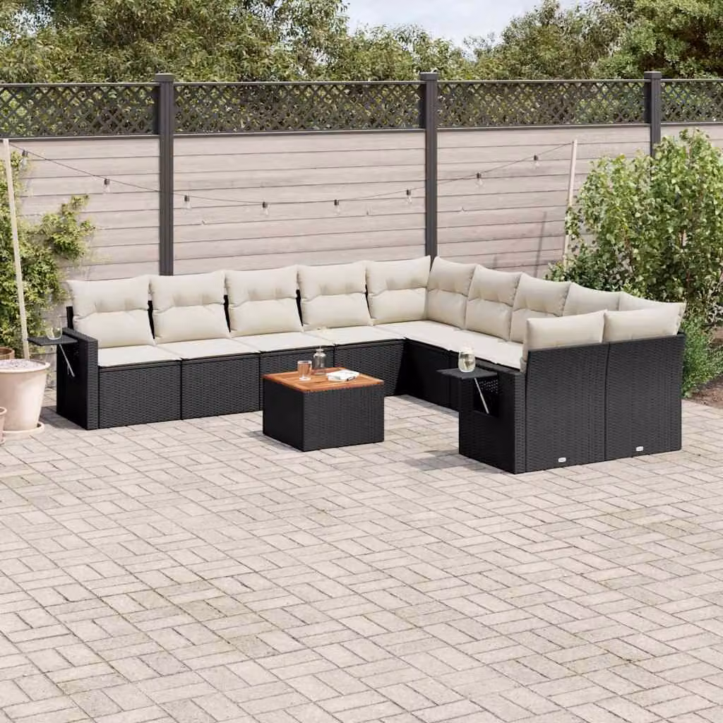 vidaXL Set Divani da Giardino a L 11 pz in Polyrattan Nero con Cuscini e Tavolino da Esterno – 1