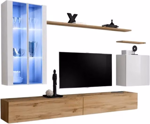 Composizione murale SWITCH XII – Mobili TV, vetrine LED, cubo e scaffali – Quercia Wotan e bianco lucido – Design moderno