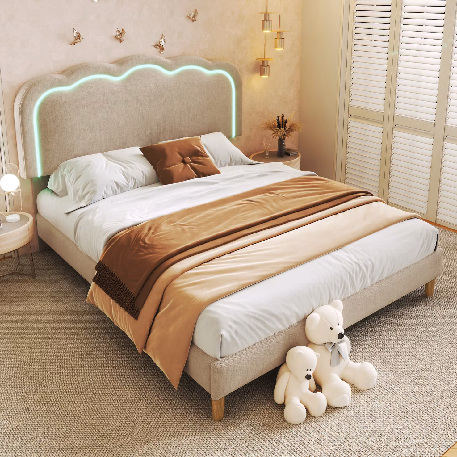 okwish Letto imbottito 140 x 200 cm con rete a doghe e testiera regolabile, Lino, Beige