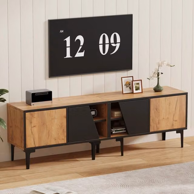 Mobile TV con 4 vani e ante inclinate in truciolato naturale e nero portata 45 kg 160 × 36;5 × 45 cm