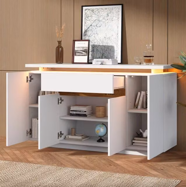 Credenza bianca con illuminazione LED, 1 cassetto e 4 ante, 140x40x80 cm, per soggiorno, ingresso o cucina